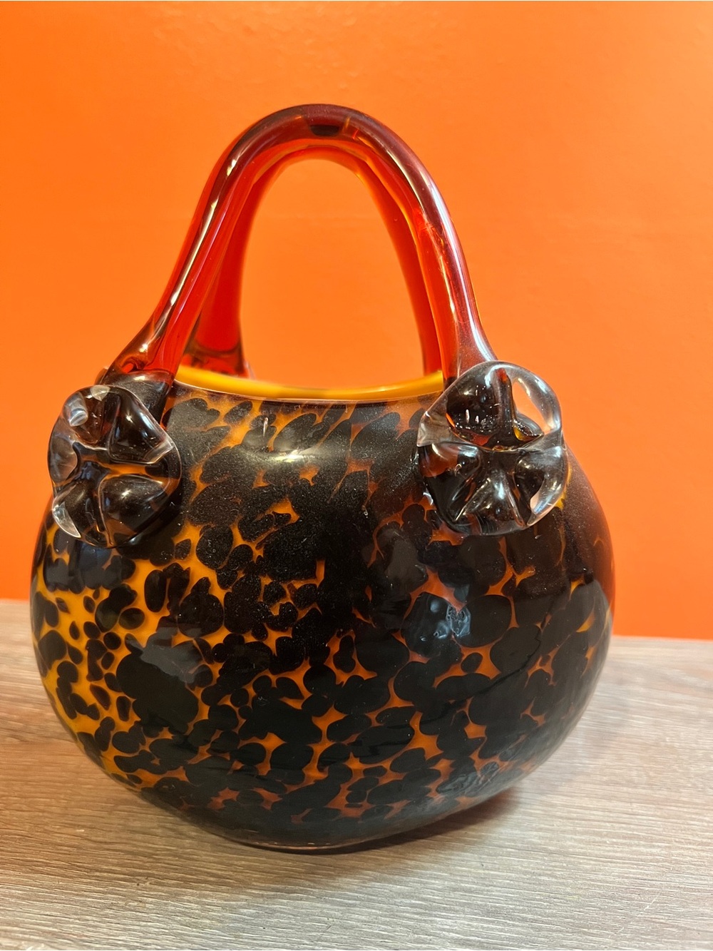 Tortoiseshell Patterned Hand Blown Handbag-Style Glass Vase in Amber and Black